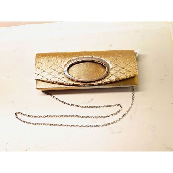 Kendall and James Handbags - NWT Kendall and James Fashions Gold Shimmer Clutch Crossbody Party Bag 10.5"L x